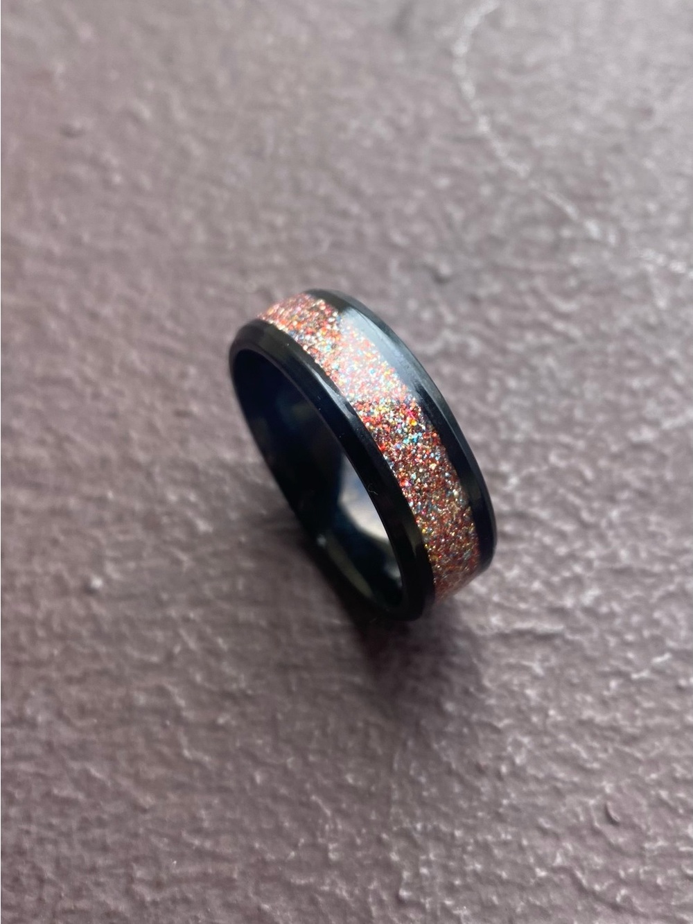 Black Tungsten Carbide Ring with a Rainbow Glitter Inlay Size 12